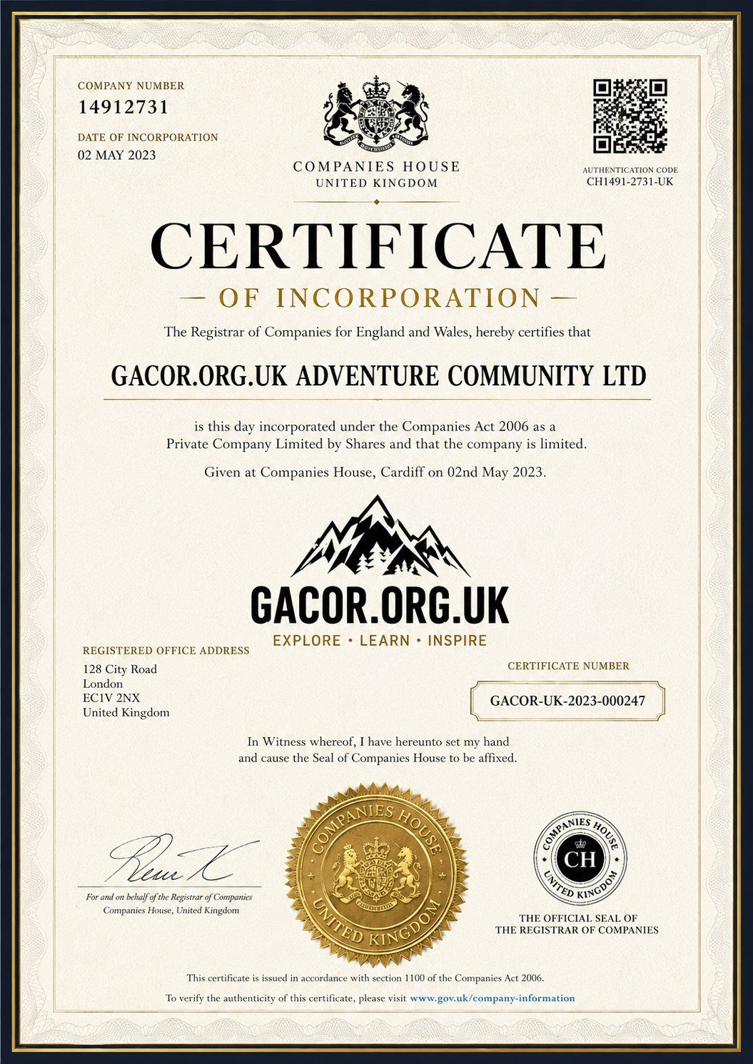Sertifikat pendirian Companies House untuk GACOR.ORG.UK Adventure Community Ltd, nomor perusahaan 14912731