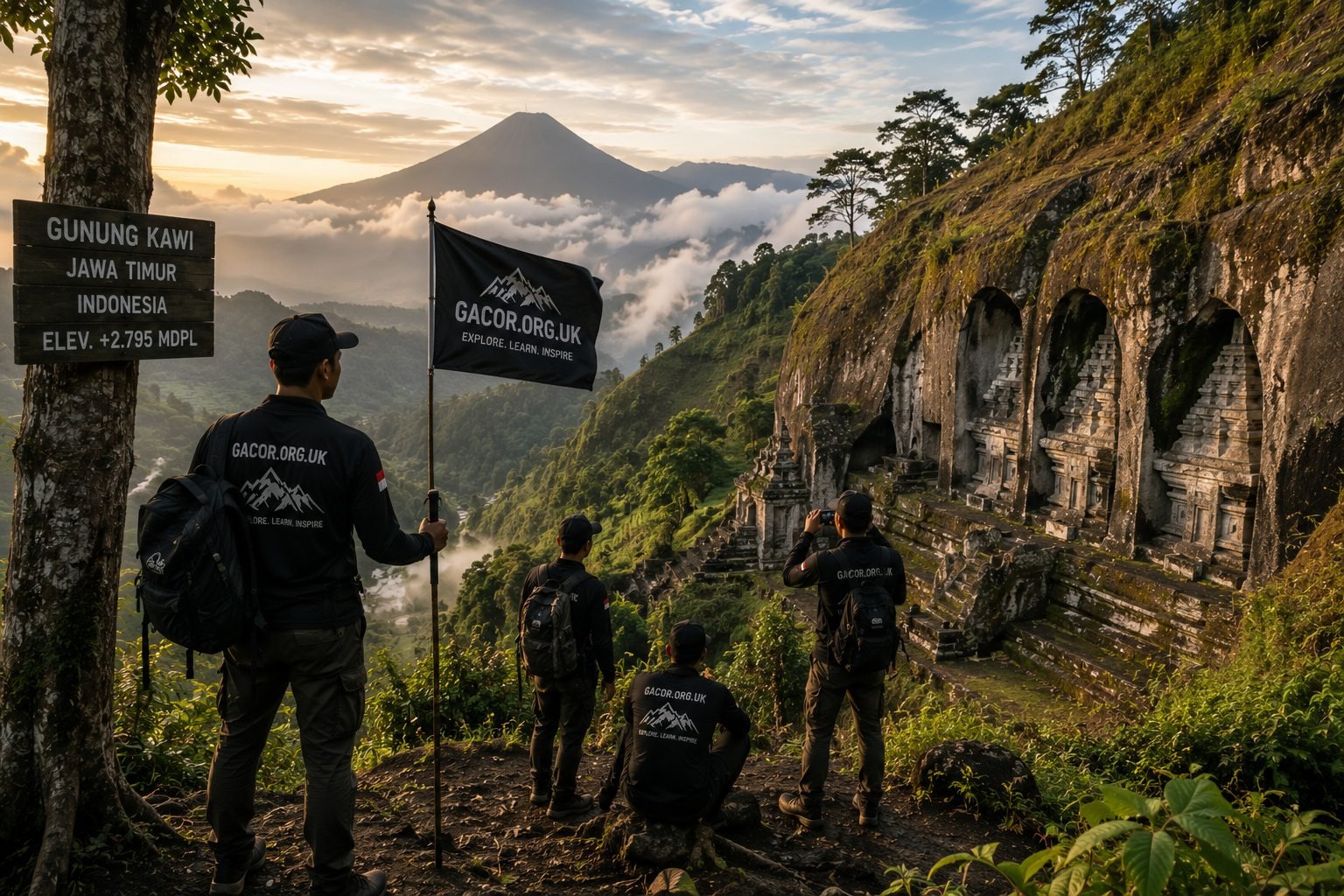 Tim Gacor mengibarkan bendera GACOR.ORG.UK di Gunung Kawi, Jawa Timur saat matahari terbit