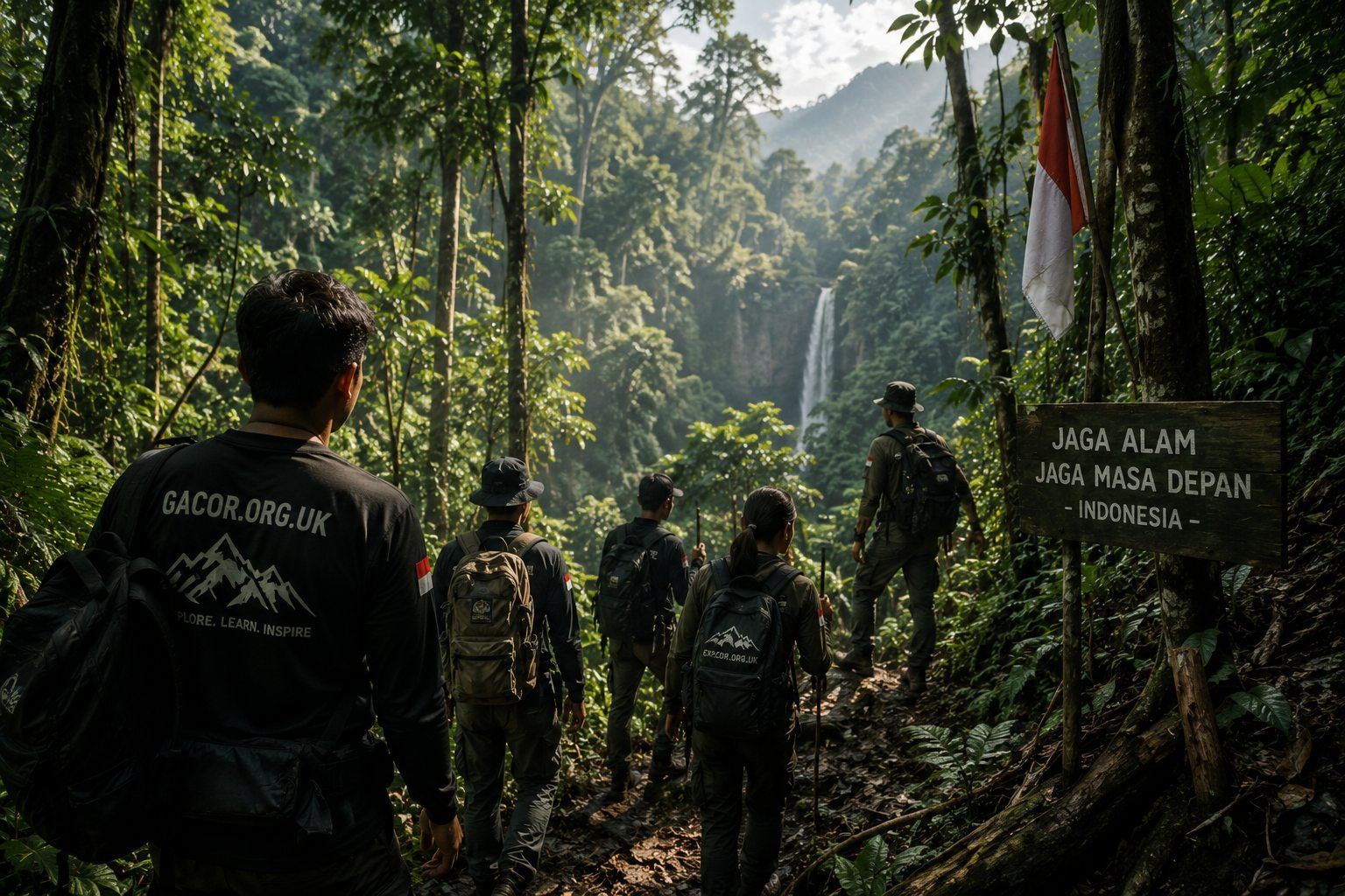 Tim ekspedisi Gacor menyusuri hutan hujan Kalimantan menuju air terjun, melewati papan konservasi alam